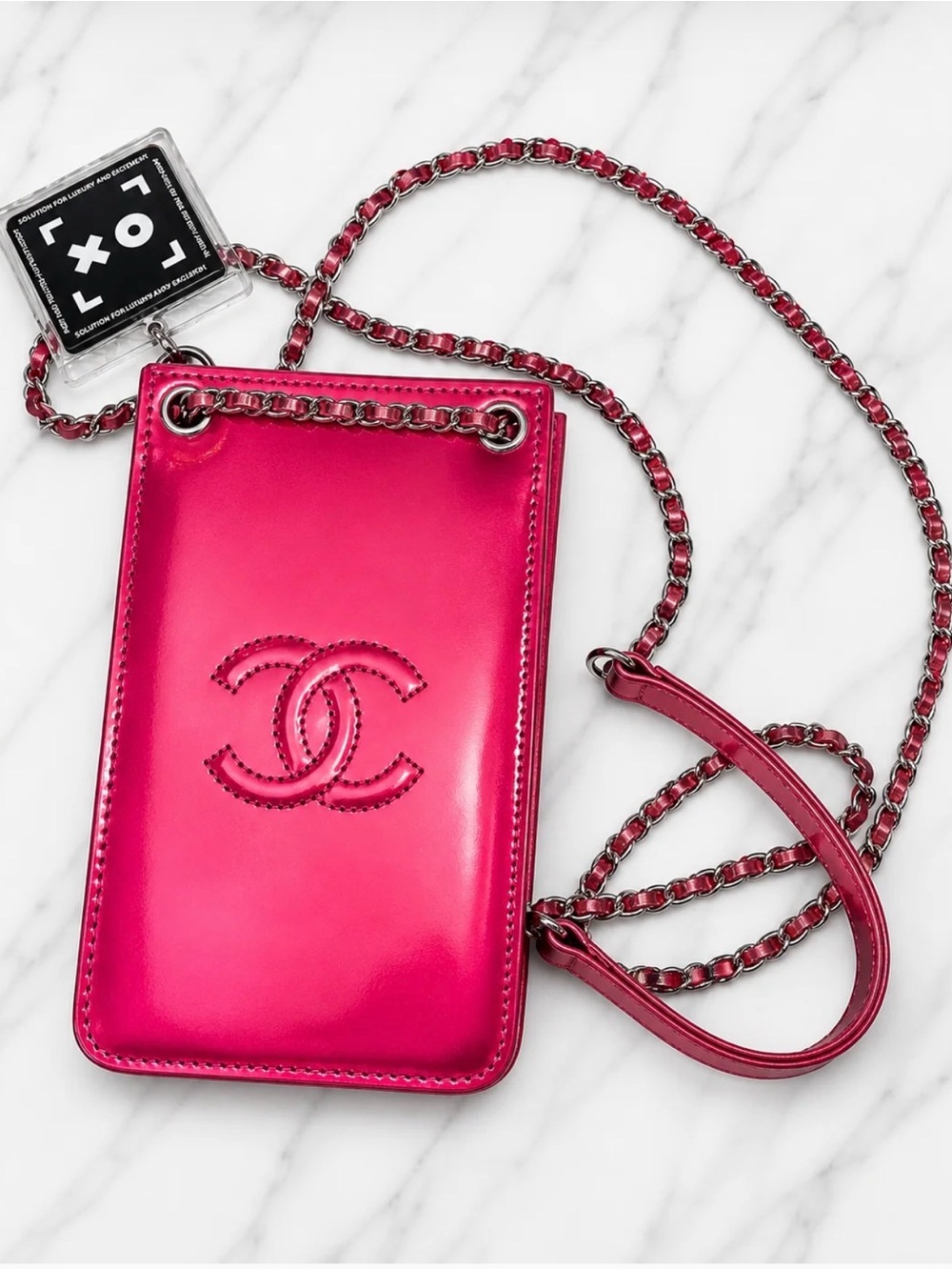 CHANEL Fuchsia Patent Leather CC Phone Crossbody with Chain Strap